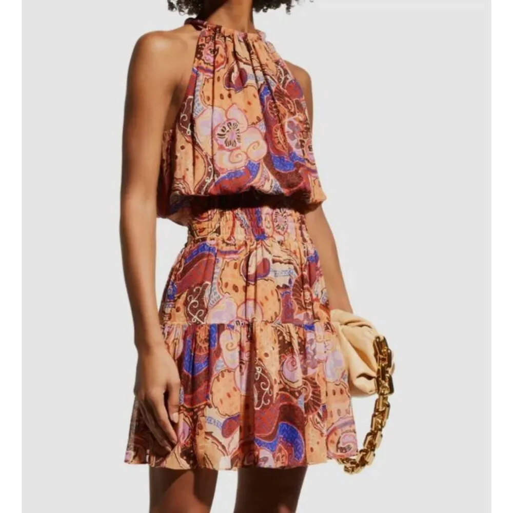 $495 A.L.C. Women's Orange Brown Cory Paisley High-Neck Mini Dress Size 10 - Picture 2 of 4